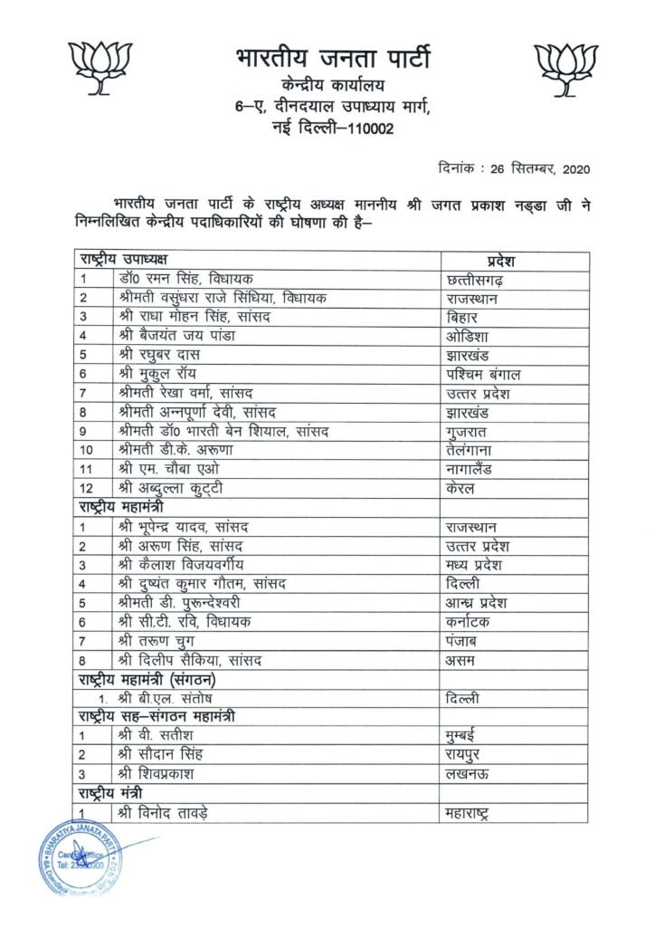 बीजेपी की राष्ट्रिय कार्यकारिणी की घोषणा, कैलाश विजयवर्गीय राष्ट्रिय महामंत्री बने